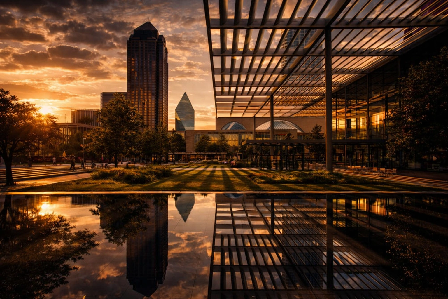 Design District Dallas skyline reflection at sunset