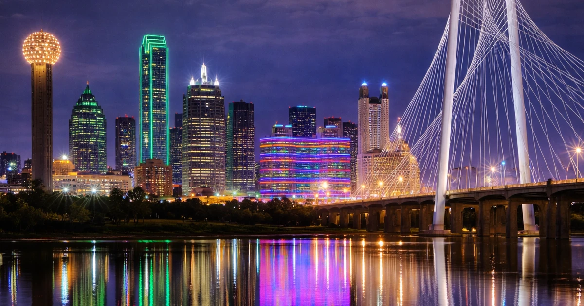 Dallas skyline at night over the Margaret Hunt Hill Bridge