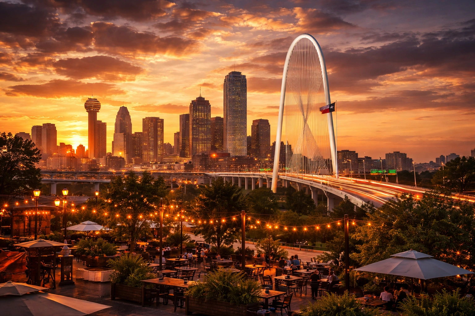 Trinity Groves and Margaret Hunt Hill Bridge Dallas skyline at sunset