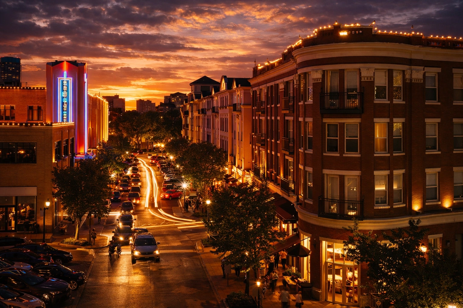 West Village Uptown Dallas street and buildings at sunset